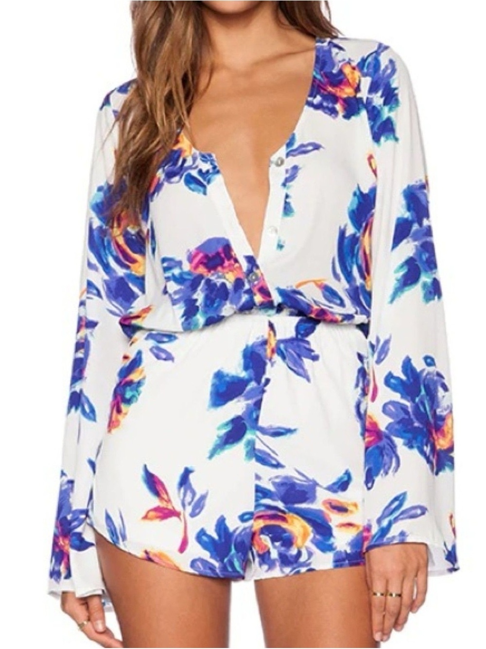 Show Me Your MUMU Red Rocks Romper Floral Bell Sleeve Boho Festival